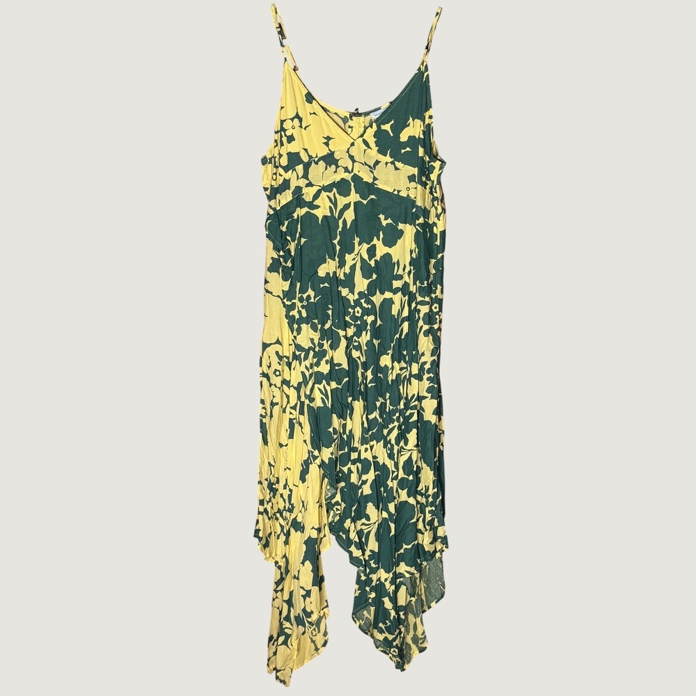 Sundance Floral Handkerchief Hem Midi Dress XL Green Yellow Modal Adjustable